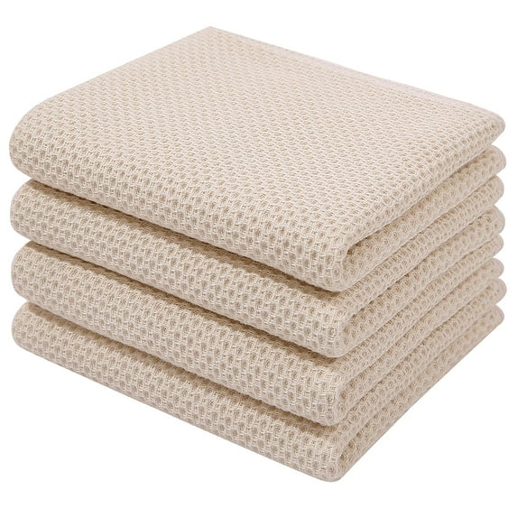 Simmore 100% Cotton Waffle Weave Dish Towels and Dishcloths, Super Soft and Highly Absorbent Dish Towels and Towels Set, 13x28 Inches, 4-Pack, Beige