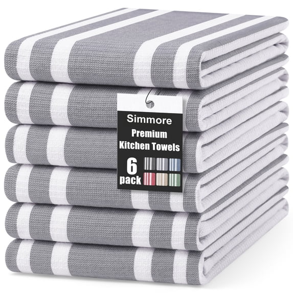 Simmore Kitchen Towels 18"x28"(6 Pack, Grey), Large Cotton Striped Hand Towels Kitchen with Hanging Loop, Reusable Absorbent Dish Cloths for Washing Dishes
