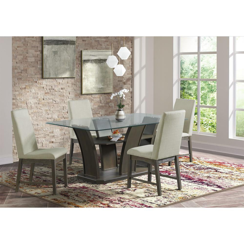 Simms 5-Piece Walnut Dining Set with Glass Top and Cream Upholstery