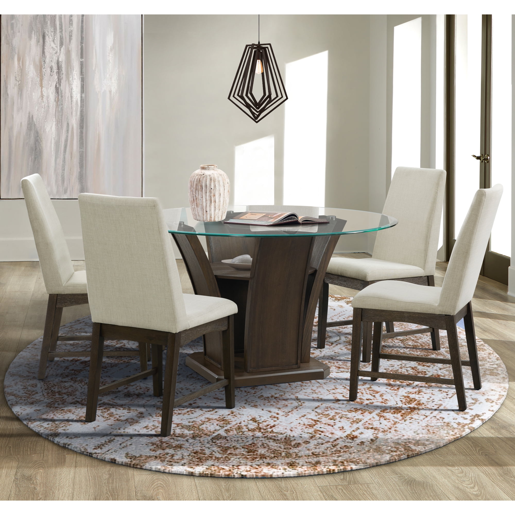 Simms 5-Piece Walnut Dining Set with Glass Top and Cream Upholstery
