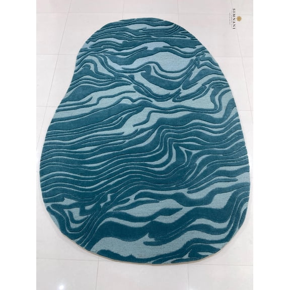 Simnani Carpets Hand-Made Ocean Blue Tufted Rug | Irregular Shaped Rug | Elegant Ocean Blue Design for Home Decoration | Rug for Dining Room | Gift for Mom