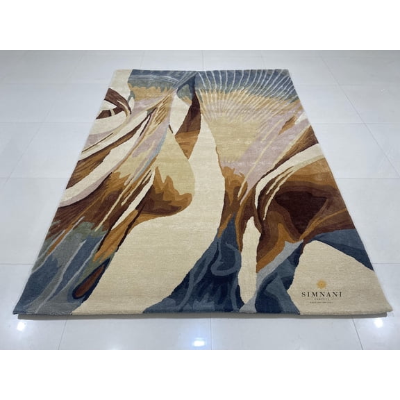 Simnani Carpets Modern Art Rug | Hand-Tufted Abstract Area Rug | Intricate 3D Illusion Design in Beige, Brown & Blue Tones | Rug for Bedroom | Gift for Him