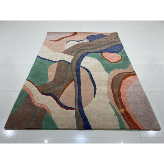 Simnani Carpets Modern Art Rug | Hand-Tufted Wool Rug | Abstract Organic Landscape Design in Beige, Brown & Blue Tones | Rug for Bedroom | Gift for Him