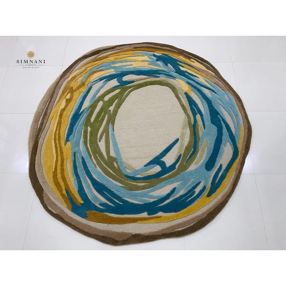 Simnani Carpets Nature Inspired Abstract Round Rug | Turquoise Gold & Earth Tones Artistic Hand-Made Circular Rug | Organic Swirl Round Rug