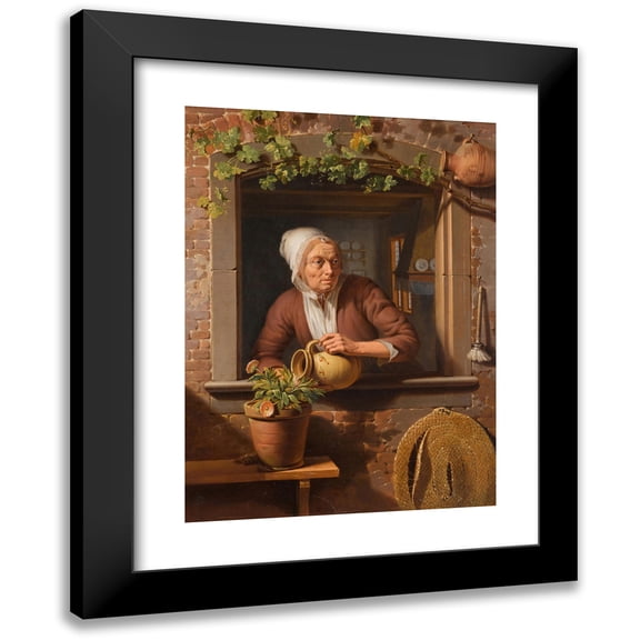 Simon Besanger 19x24 Black Modern Framed Museum Art Print Titled - A Peasant Lady Watering a Flower Pot on a Wooden Table with a View of the Interior of Her Home in the Background