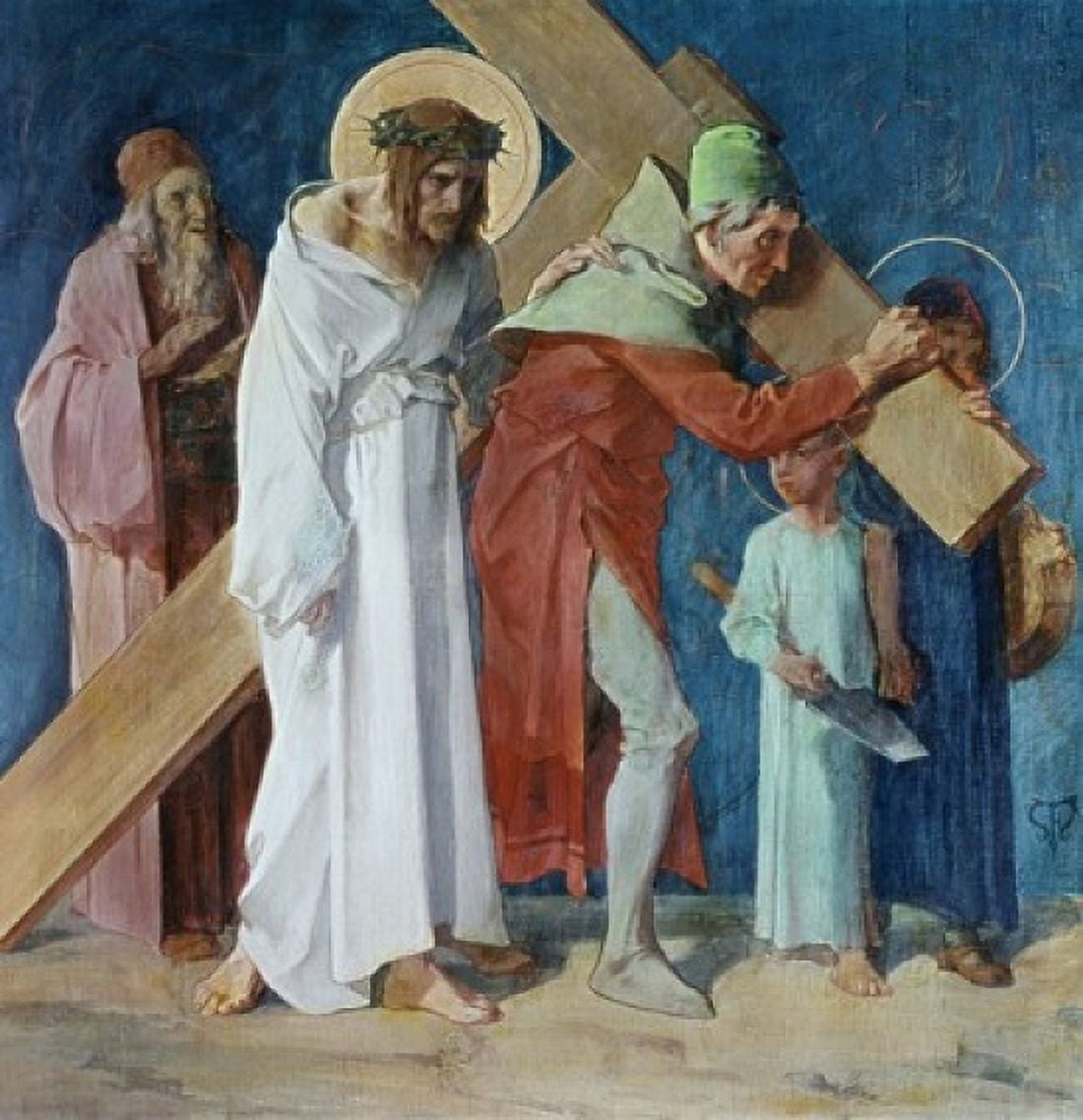Simon of Cyrene Helps Jesus 5th Station of the Cross Feuerstein Martin 19thC- German St Anna Church Munich Germany Canvas Art - Martin Feuerstein (18 x 24)