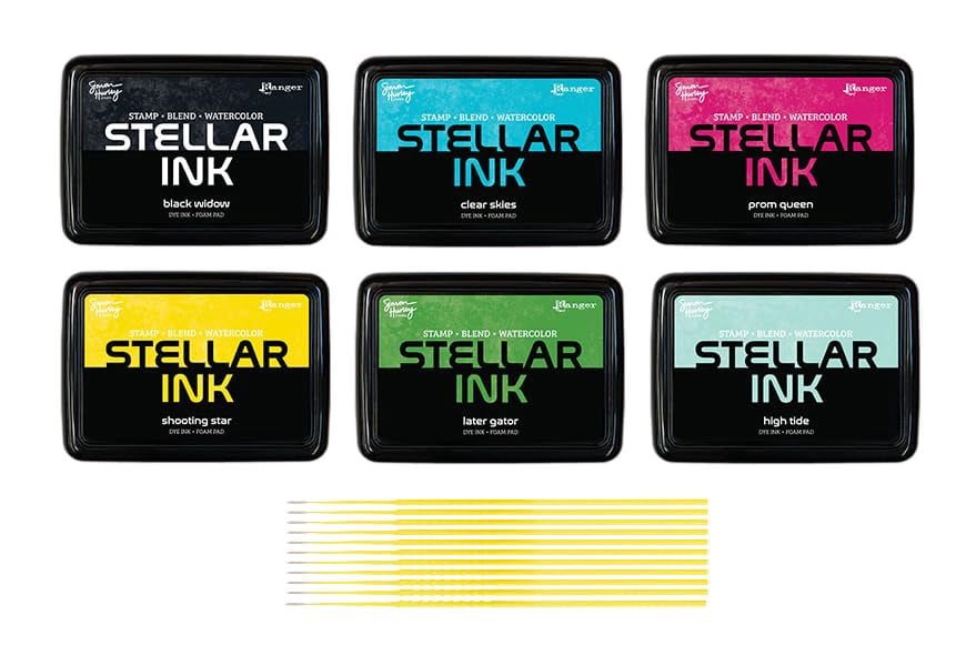 Simon Hurley Stellar Dye Ink Bundles - SHC Stellar Ink Pads & Reinkers, Released May 2025, with Trebbies Detail Sticks (6 Bright Ink Pads)