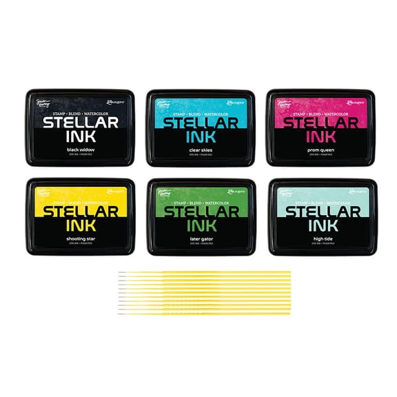 Simon Hurley Stellar Dye Ink Bundles - SHC Stellar Ink Pads & Reinkers, Released May 2025, with Trebbies Detail Sticks (6 Bright Ink Pads)