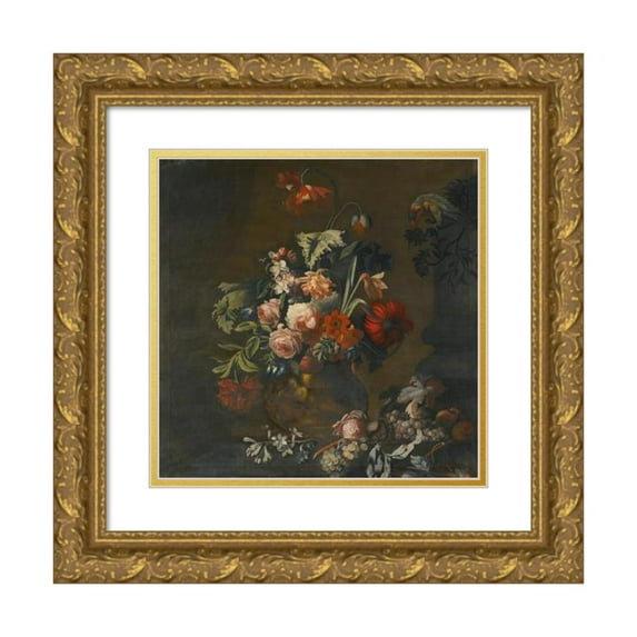 Simon Verelst 15x15 Gold Ornate Wood Frame and Double Matted Museum Art Print Titled - Still Life of Roses, Variegated Tulips, Peonies and Other Flowers in a Sculpted Vase, Together with Gra