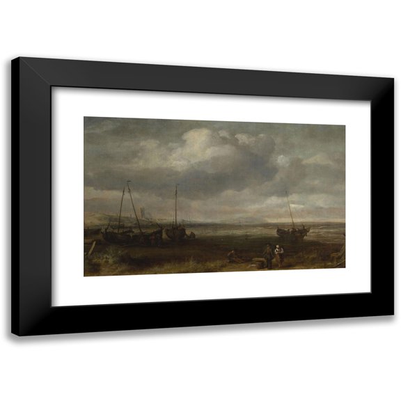 Simon de Vlieger 14x11 Black Modern Framed Museum Art Print Titled - Seaside in Scheveningen with Fishing Boats