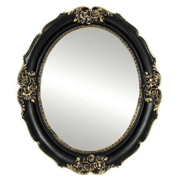 Simon's Shop Black Mirror 10.5''x12.5''Resin Oval Wall Mirror with Floral Carvings for Home Decor