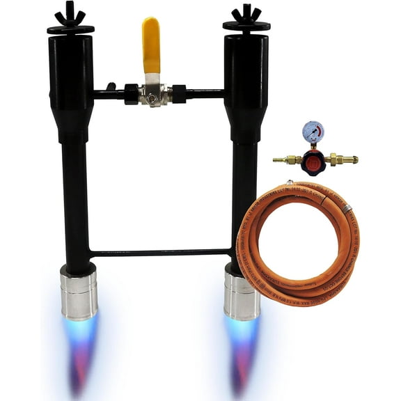 SIMOND STORE Propane Forge Double Burner Kit, Double Propane Burner for Melting Furnace Foundry Forge Blacksmithing Jewelry Making Kiln Farrier - Steel Propane Burner with Hose, Valve and Regulator