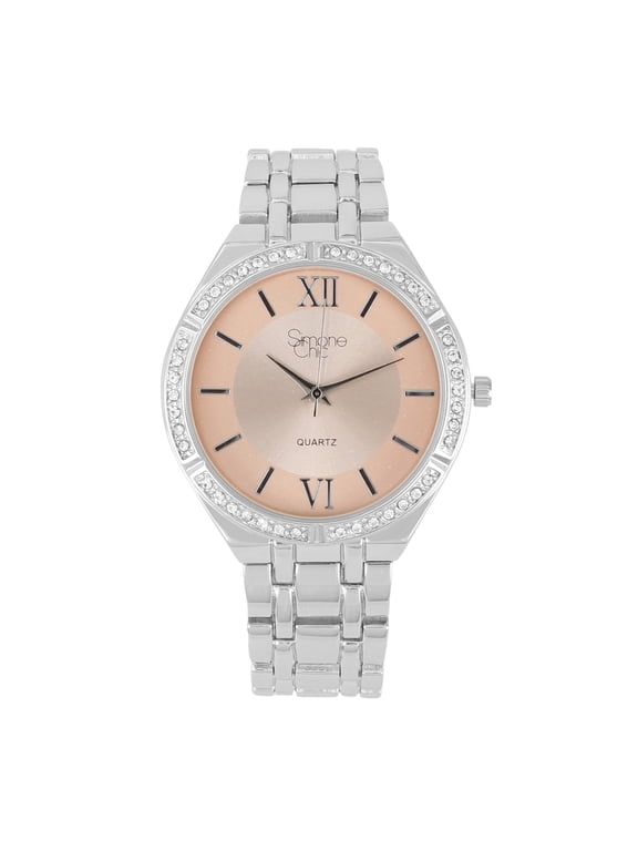 Simone Chi Women's Luxury Crystal Diamonds Iced Out Watch, Blinged Out Sparkling Elegance and Timeless Glamour (ST10503 Silver Pink)