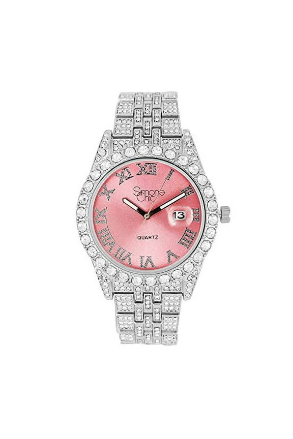 Fully Iced Out Diamond Watch for Women's w/Roman Numerals Easy Read Date and Colorful Dials- Designer Hip Hop Blinged Out Timepiece - ST10226RND-LA (ST10226RND-LA SLV-Pink)
