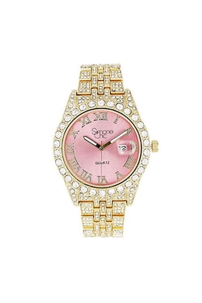Fully Iced Out Diamond Watch for Women's w/Roman Numerals Easy Read Date and Colorful Dials- Designer Hip Hop Blinged Out Timepiece - ST10226RND-LA (ST10226RND-LA GLD-Pink)