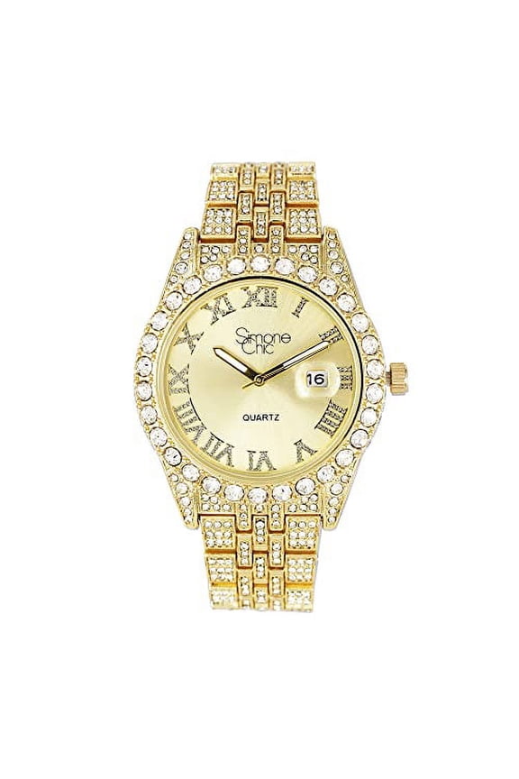 Fully Iced Out Diamond Watch for Women's w/Roman Numerals Easy Read Date and Colorful Dials- Designer Hip Hop Blinged Out Timepiece - ST10226RND-LA (ST10226RND-LA GLD)