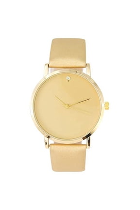 Simple and Streamlined, Diamond Teardrop at 12 o'clock - Elegant Women's Round Dial Rubber Band Sleek Designer Wrist Watch - ST10458 Gld -Tan