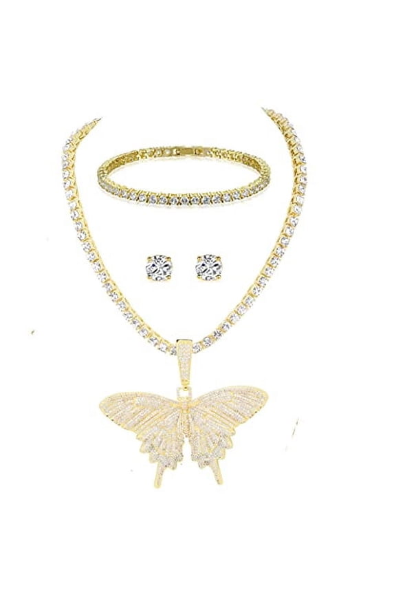 . Slay Queen w/ Ladies on Fire Hip Hop 4pc Jewelry Tennis Necklace, Pendant, Bracelet and Earrings Bling Set - TPBE-01 (Butterfly Gold)