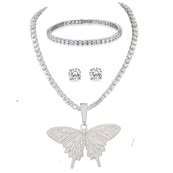 Simone Chic. Slay Queen w/ Ladies on Fire Hip Hop 4pc Jewelry Tennis Necklace, Pendant, Bracelet and Earrings Bling Set - TPBE-01 (Butterfly Silver)