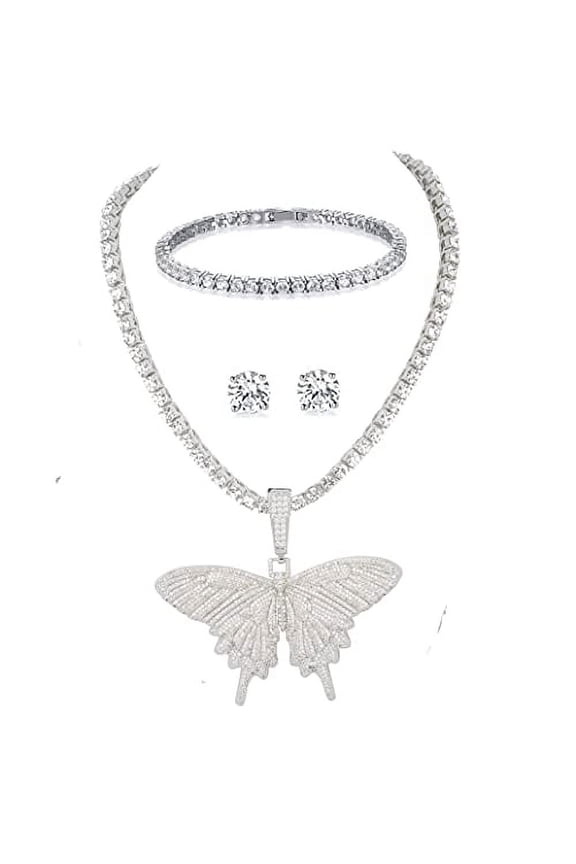 . Slay Queen w/ Ladies on Fire Hip Hop 4pc Jewelry Tennis Necklace, Pendant, Bracelet and Earrings Bling Set - TPBE-01 (Butterfly Silver)