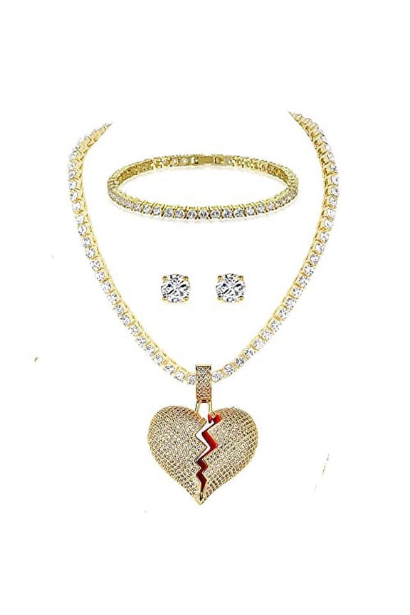 . Slay Queen w/ Ladies on Fire Hip Hop 4pc Jewelry Tennis Necklace, Pendant, Bracelet and Earrings Bling Set - TPBE-01HG