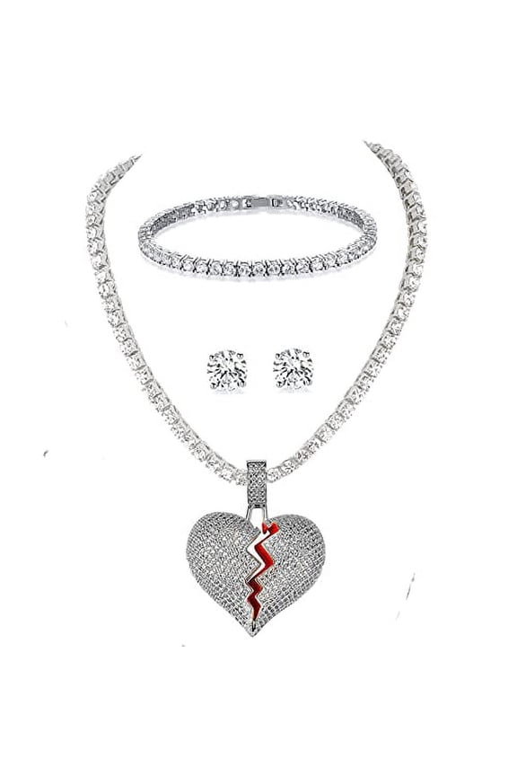 . Slay Queen w/ Ladies on Fire Hip Hop 4pc Jewelry Tennis Necklace, Pendent, Bracelet and Earrings Bling Set - TPBE-01 (Heart Silver)