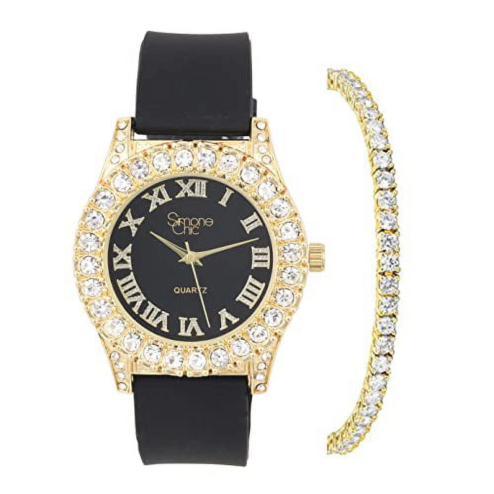 Simone Chic. Women's Big Rocks Fully Iced Bezel Colored Dial w/Easy Reader Roman Numerals Colorful Rubber Band Watch - ST10357LA (2pcSet Gld Night Blk)
