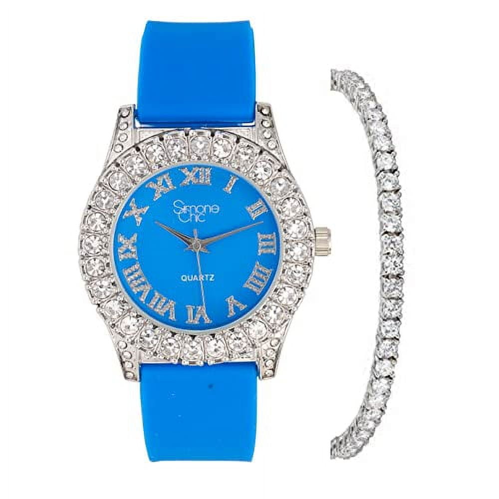 Simone Chic. Women's Big Rocks Fully Iced Bezel Colored Dial w/Easy Reader Roman Numerals Colorful Rubber Band Watch - ST10357LA (2pcSet SLV Bright Blue)