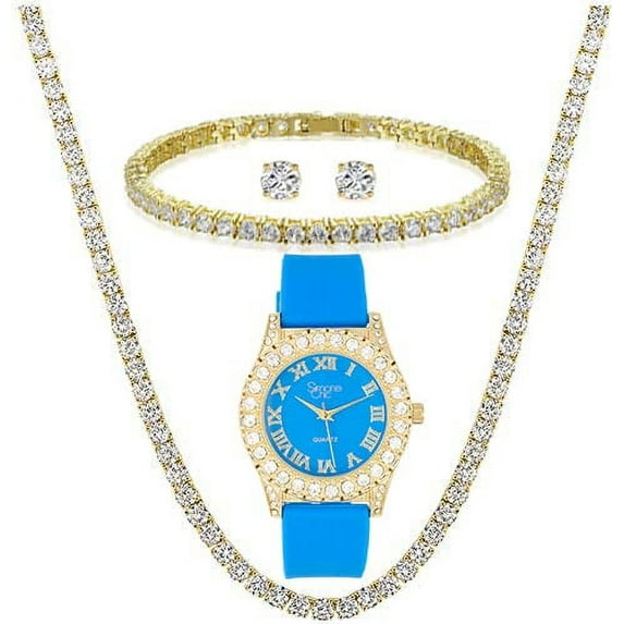 Simone Chic. Women's Big Rocks Fully Iced Bezel Colored Dial w/Easy Reader Roman Numerals Colorful Rubber Band Watch - ST10357LA (4pcSet Gld Bright Blue)