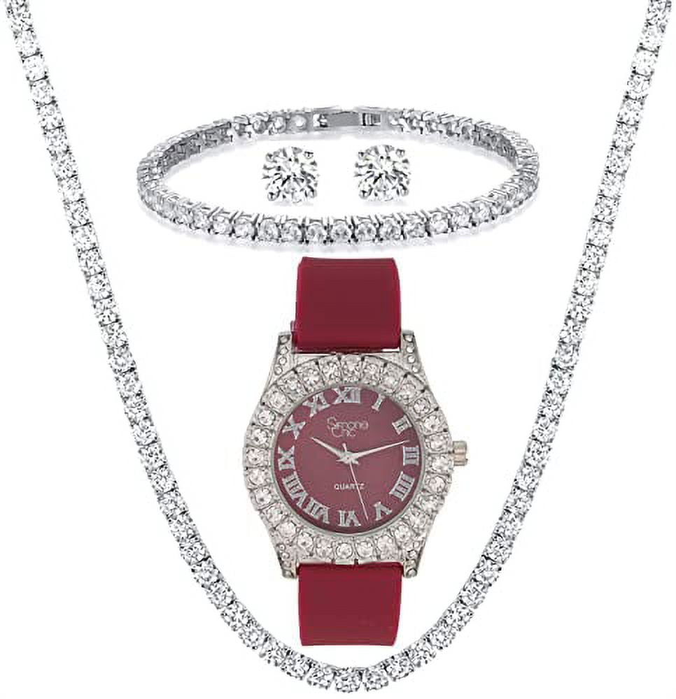 Simone Chic. Women's Big Rocks Fully Iced Bezel Colored Dial w/Easy Reader Roman Numerals Colorful Rubber Band Watch - ST10357LA (4pcSet SLV Plum Purple)