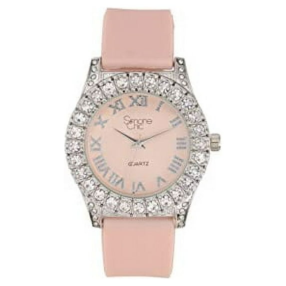 Simone Chic. Women's Big Rocks Fully Iced Bezel Colored Dial w/Easy Reader Roman Numerals Colorful Rubber Band Watch - ST10357LA Silver Blush Pink