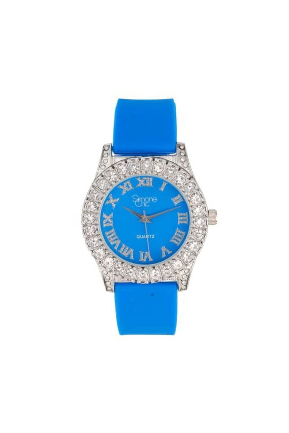 . Women's Big Rocks Fully Iced Bezel Colored Dial w/Easy Reader Roman Numerals Colorful Rubber Band Watch - ST10357LA (Silver Bright Blue)