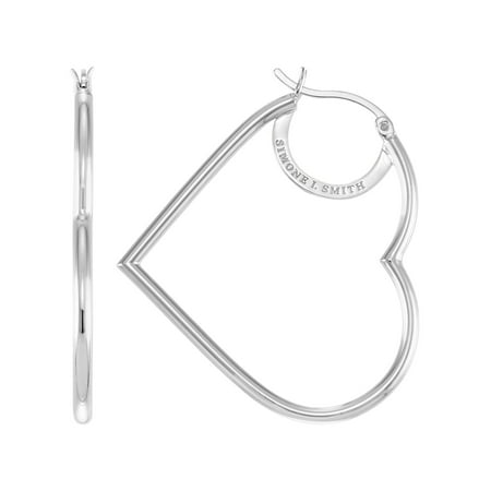 Simone I. Smith Sterling Silver Platinum Tone High Polished Floating Heart Hoop Earrings