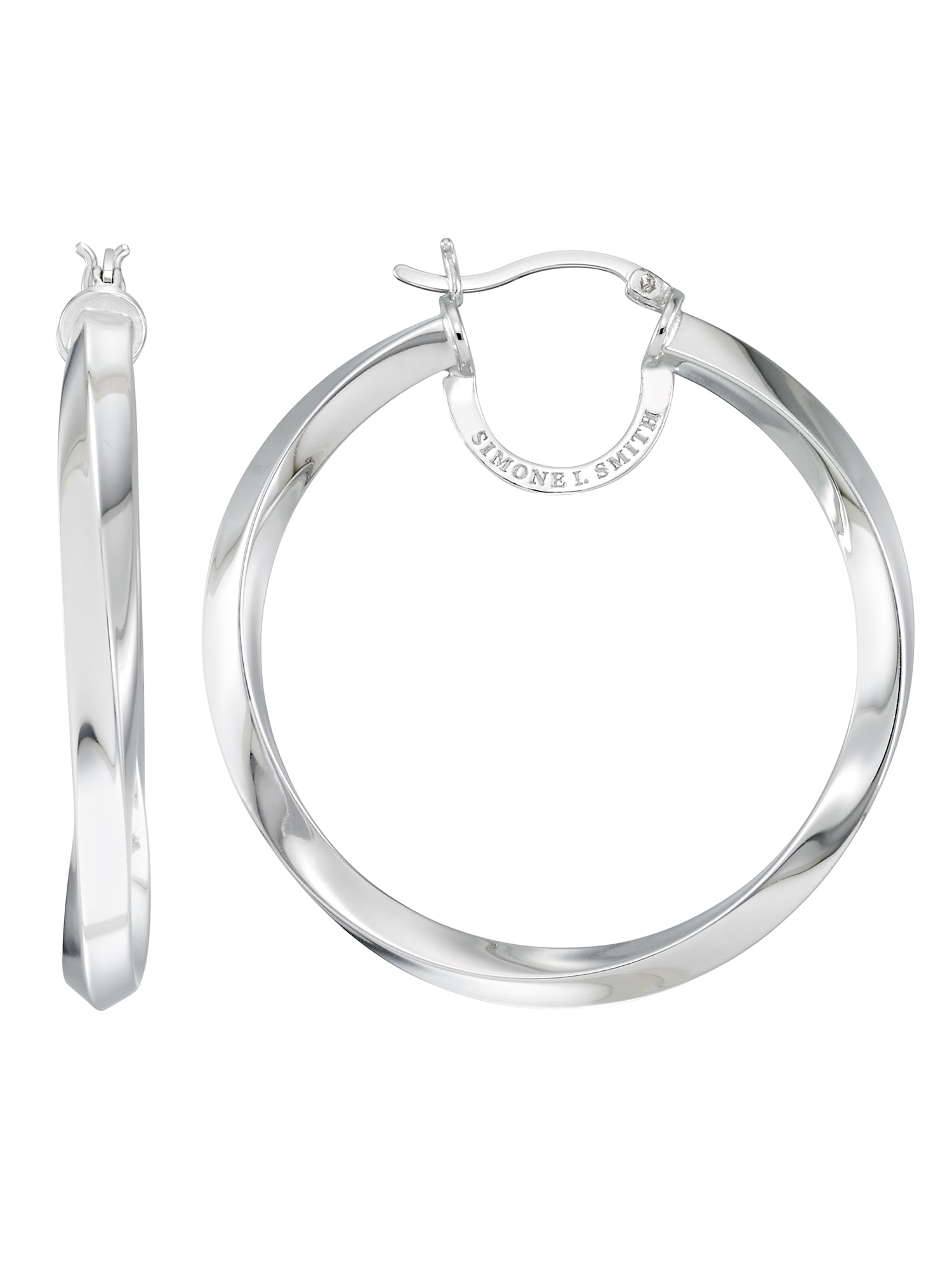 Simone I. Smith Sterling Silver Platinum Tone High Polished Slow Twist Round Hoop Earrings