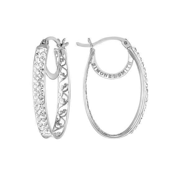 Simone I. Smith Sterling Silver Platinum Tone Pave Crystal Oval Hoop Earrings