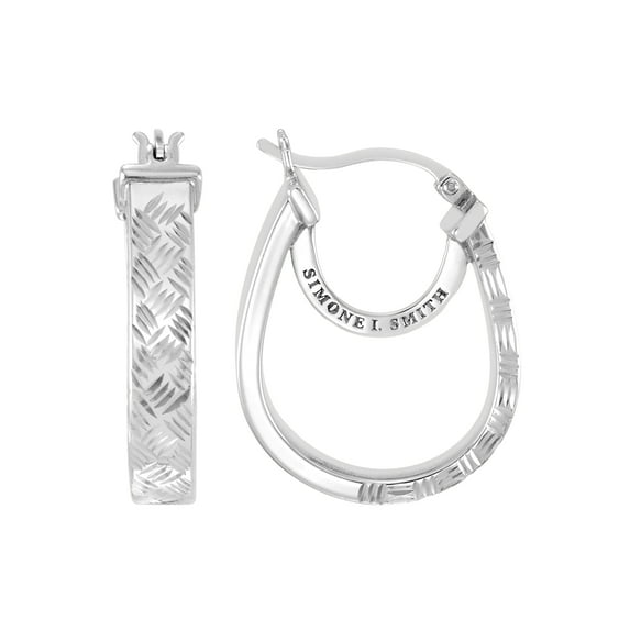 Simone I. Smith Sterling Silver Platinum Tone Woven Diamond Cut Pear Shape Hoop Earrings