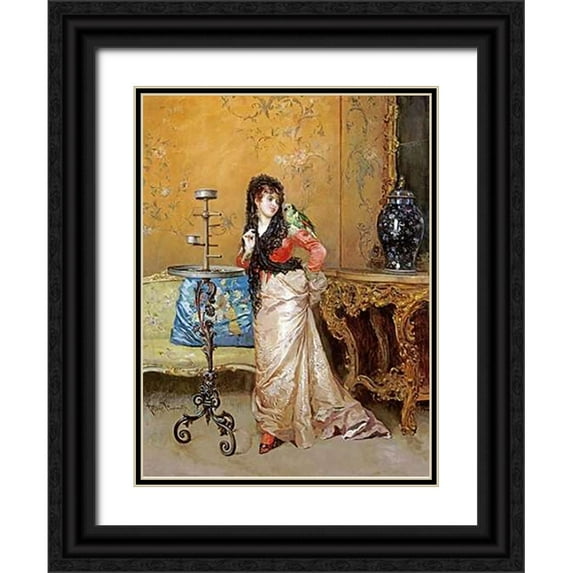 Simonetti, Attilio 25x32 Black Ornate Wood Framed with Double Matting Museum Art Print Titled - The Pet Parrot