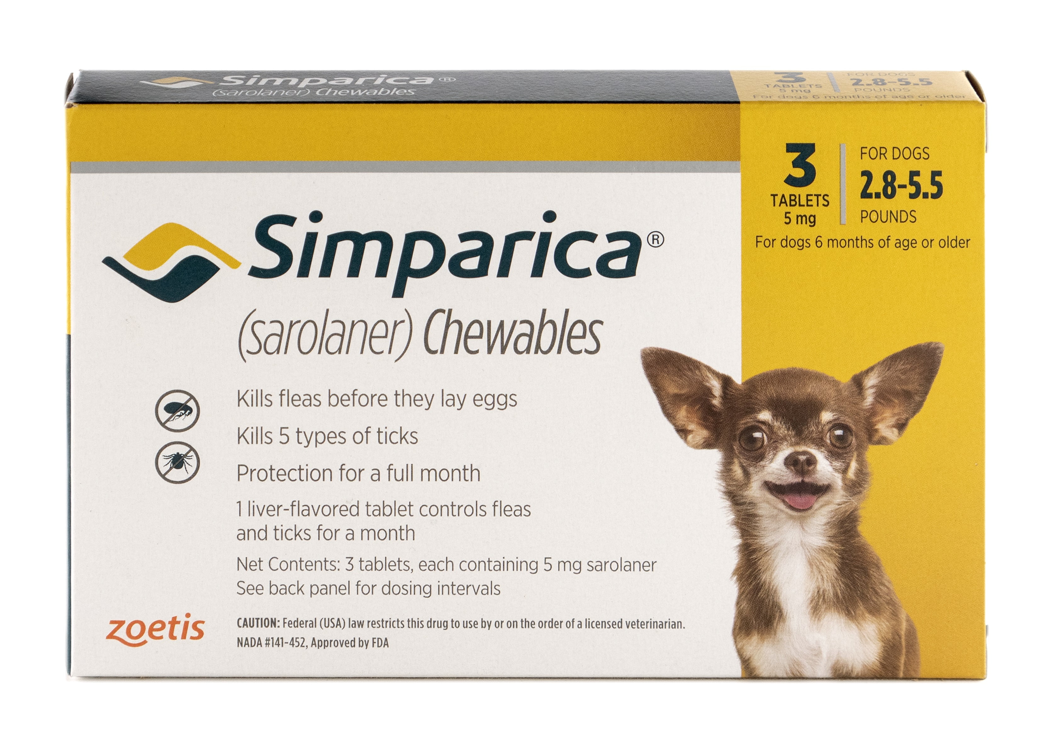 Simparica Chewable Tablet for Dogs, 2.85.5 lbs (Yellow Box), 3