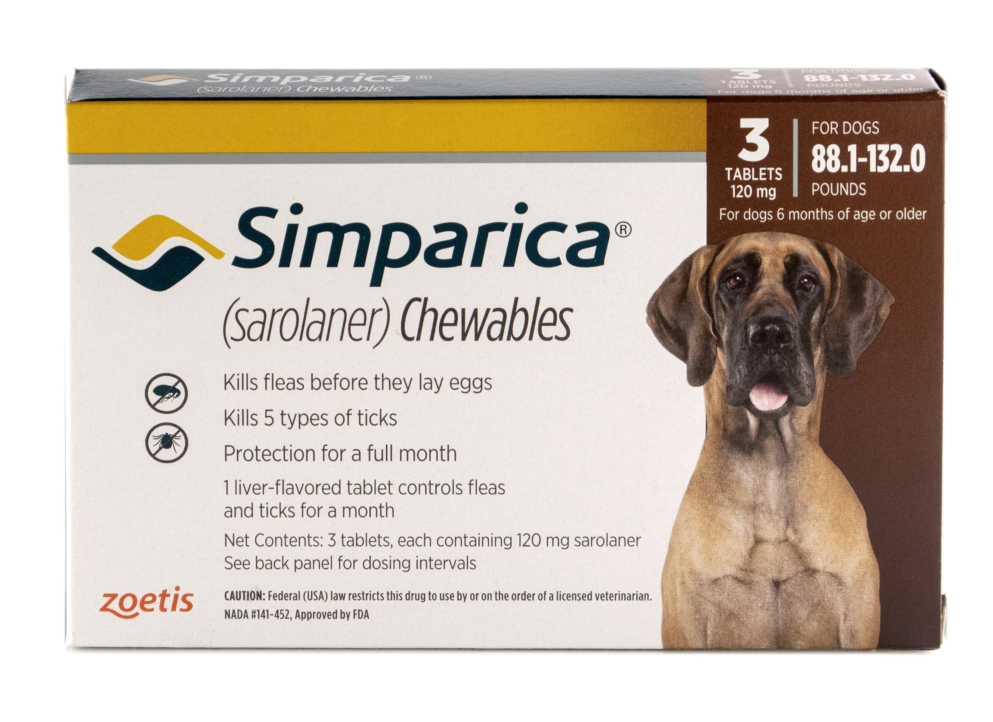 Simparica Chewable Tablet for Dogs, 88132 lbs (Brown Box), 3 Chewable Tablets (3 Months Supply