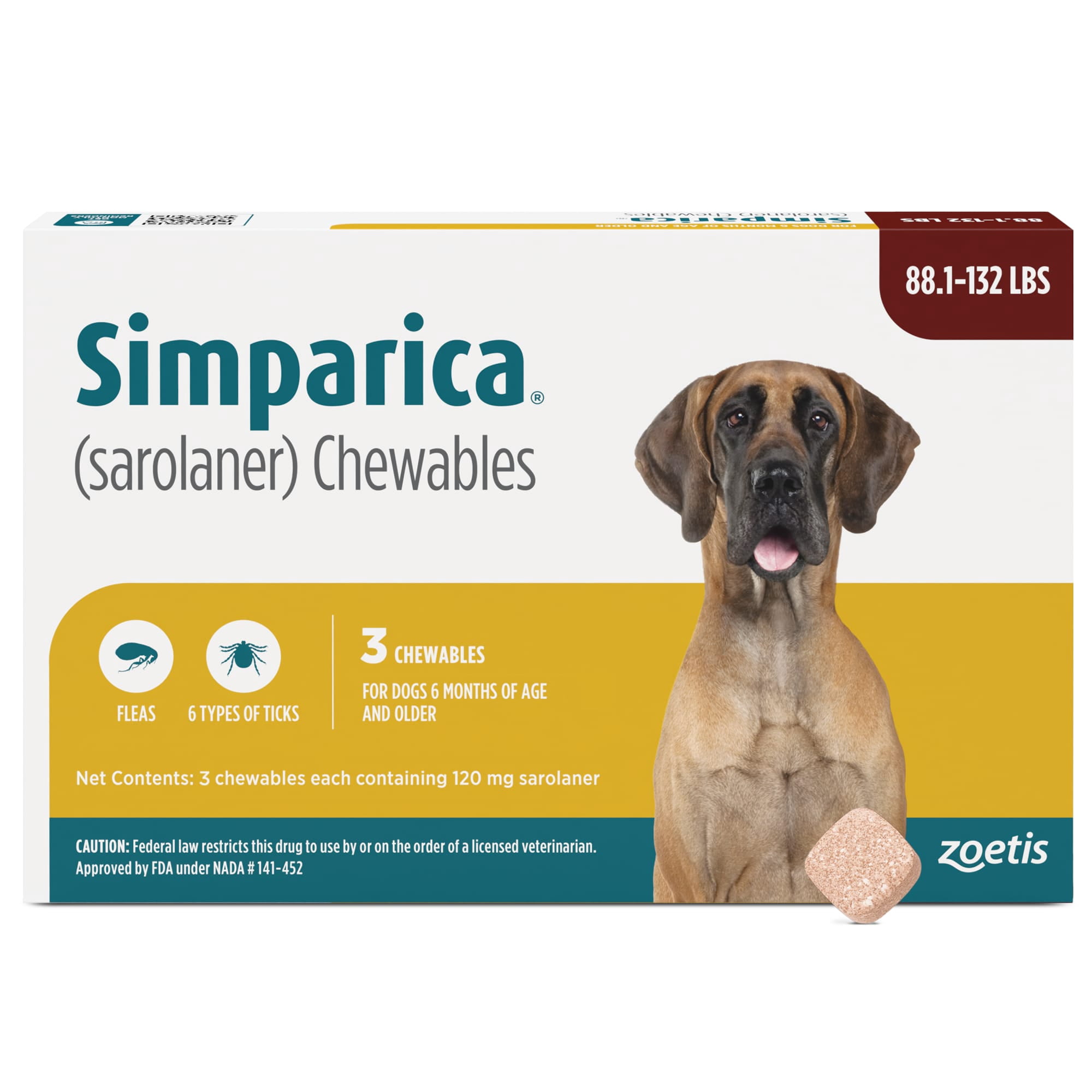 Simparica Chewable Tablets for Dogs, 88-132 lbs, (Brown Box)