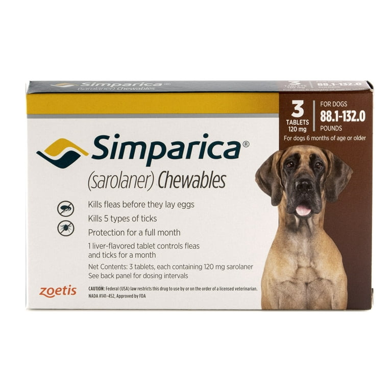Simparica Chewable Tablet for Dogs, 88-132 lbs (Brown Box