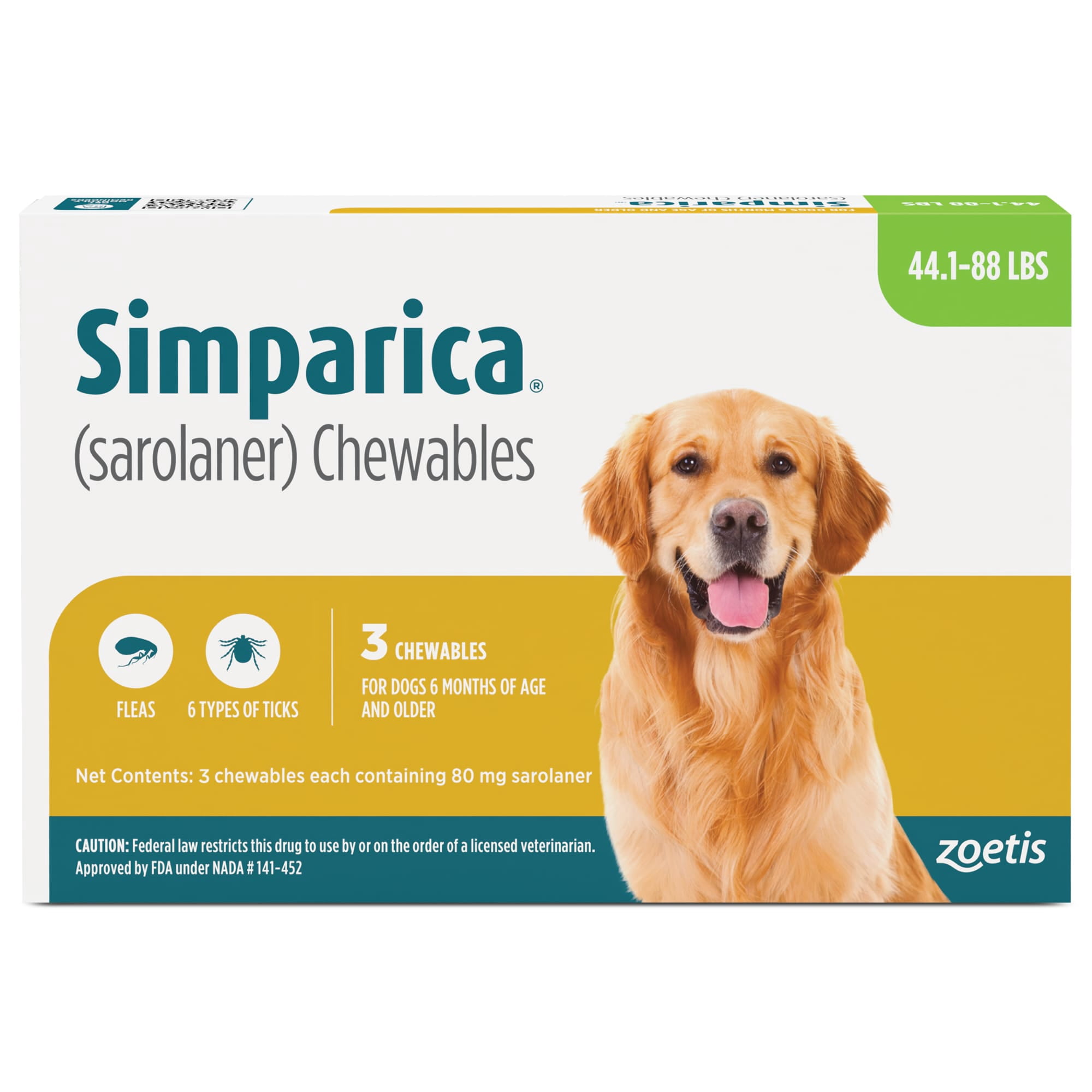 Simparica Chewable Tablets for Dogs, 44.1-88 lbs, (Green Box