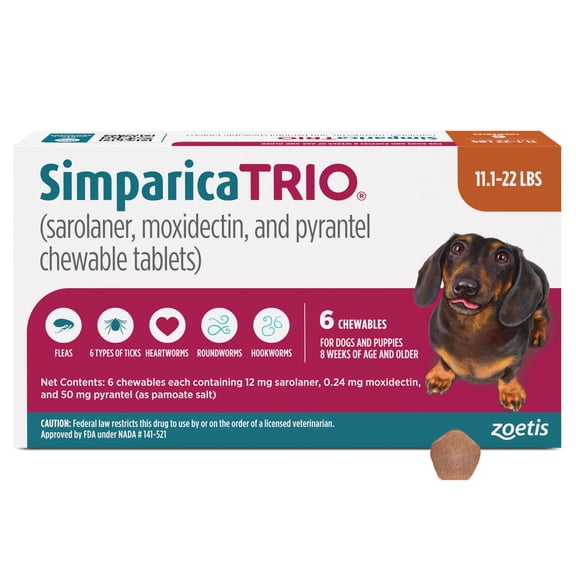Simparica Trio Chewables for Dogs, 11.1-22 lbs, (Caramel Box)