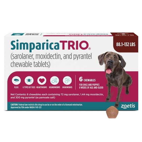 Simparica Trio Chewables for Dogs, 88.1-132 lbs, (Brown Box)