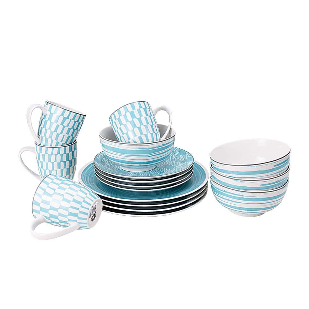 Turquoise and White Ceramic Outdoor Dinnerware Set, Service for 4