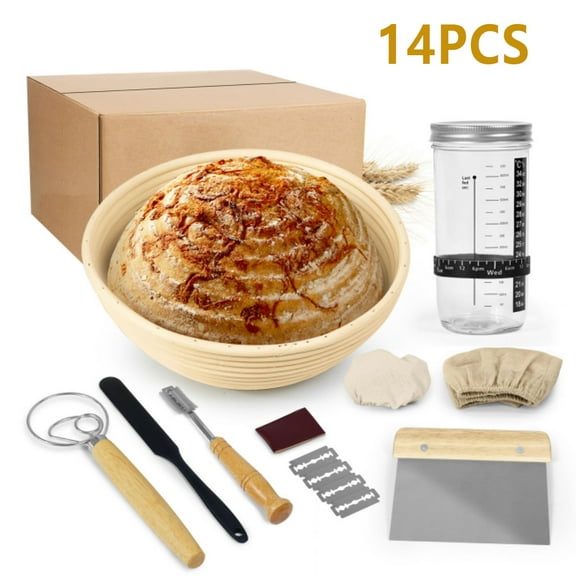 Simperf 14pcs Sourdough Starter Kit, Bread Proofing Basket Set, Natural Rattan Baskets with Sourdough Jar for Making Baking Fermentation, Bread Making Tools Kit Banneton Proofing Basket