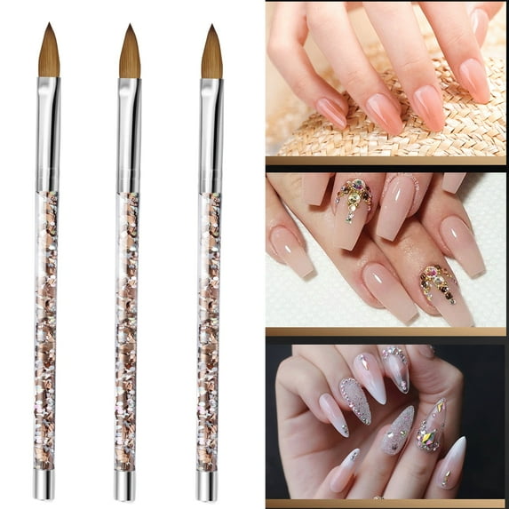 Simperf 3Pcs Nail Art Brush Kit, Sequins Handle Sizes 8/10/12 for Acrylic Application, Extensions 3D Art Nail Brush Kit Nail Art Tips Nail Builder Brush for Nail Art Design Painting Pen Set Nail Tool