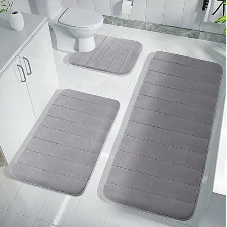 Simperf 3pcs Bathroom Rugs Set with U-Shaped Mat, Non Slip, Water Absorbent Bath Rug Mat 20"x31.5"+20"x48"+U Shape 20"x24" Gray