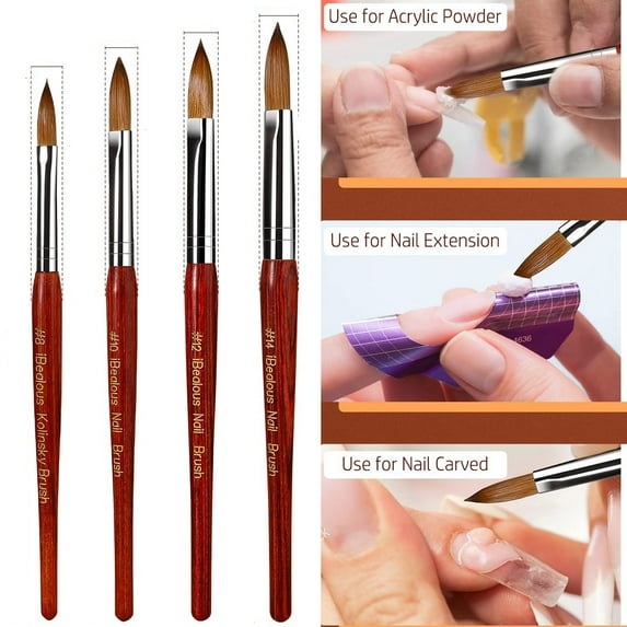 Simperf 4Pcs Brush Set, Red Wood Handle Sizes 8/10/12/14 for Acrylic Application, Extensions,3D Art Nail Brush Kit Nail Art Tips Nail Builder Brush for Nail Art Design Painting Pen Set Nail Tool