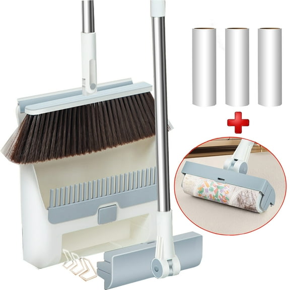 Simperf Broom and Dustpan Combo Set, Self-Cleaning with Dustpan Teeth, With 4 Pack Pet Hair Removal Roller Cleaner , Stainless Steel 38'' Long Handle Brooms